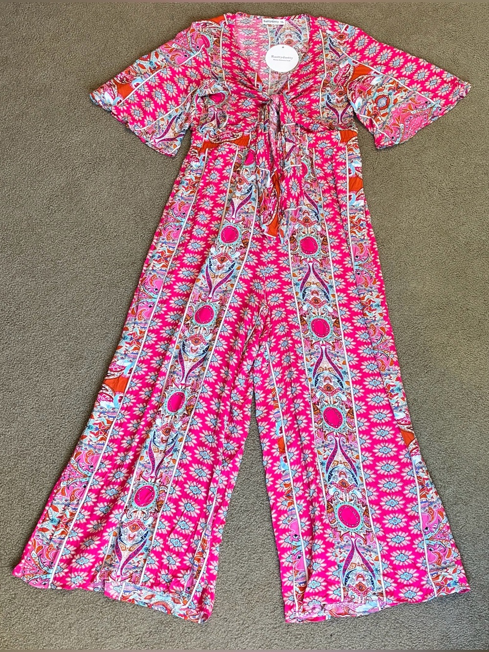 NWT Rusttydustty Women's One Pc Pink Floral Paisley Wide Leg Jumpsuit Romper 1XL